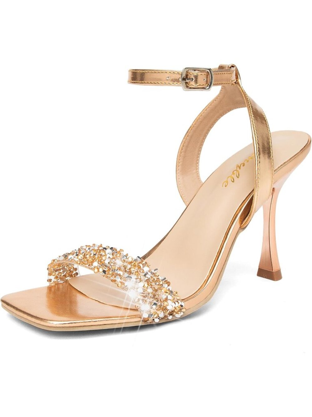 Women’s Rose Gold Faux Leather Square Open Toe Ankle Strap Rhinestone Heels